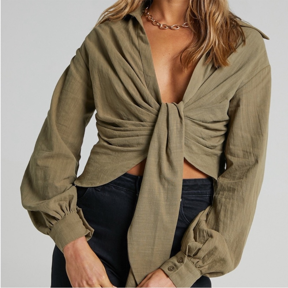 Showpo Hanes Long Sleeve Drape Shirt Khaki